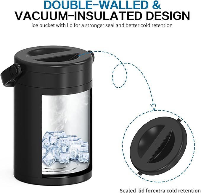 4.8L Insulated Ice Bucket, 5Quart Double Wall Vacuum Stainless Steel Keeps Frozen Longer, insulated Wine Cooler used for Parties, Cocktail bar, Wine, Champagne,travel and fishing