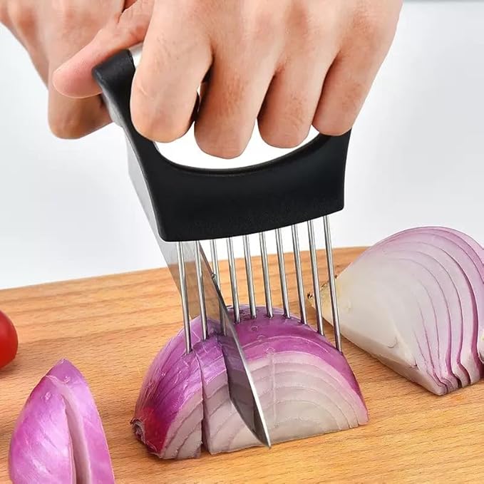 Large Onion Slice Holder, Stainless Steel Onion Cutter Lemon Slicer Vegetable Cutter, Vegetable Chopper Tomato Slicer Assistant Tool for Onion, Meat, Eggs, Tomato, Potato (CLASSIC (L1-1PCS))