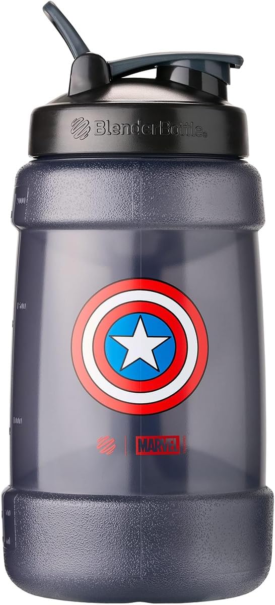 BlenderBottle Marvel Half Gallon Water Bottle, Koda Large Water Jug, 74-Oz, Captain America Shield