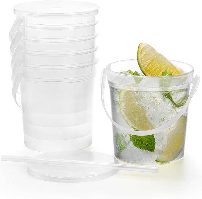 Yopay 15 Pack Plastic Rum Buckets for Drinks, 32OZ Cocktail Buckets Reusable Smoothie Bucket with Lid and Straw, 1Liter Large Ice Cream Pails for Halloween Football Parties Bar Beer