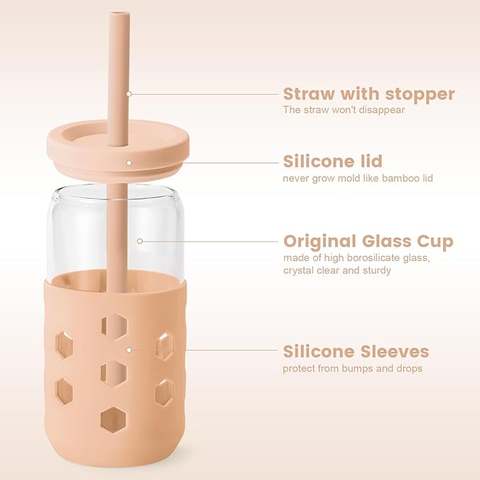 Mrsdry Glass Cups with Lids and Straws (4 Pack), 16oz Drinking Glasses Set with Silicone Sleeves for Coffee Bar Accessories Iced Coffee Cups with Lids, Glass Tumbler Reusable for Gifts