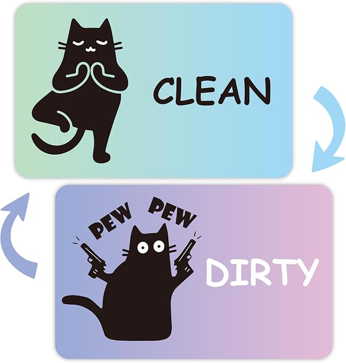 Funny Black Cat Clean Dirty Dishwasher Magnet - Cute Refrigerator Kitchen Magnet, Non-Scratch Strong Double Sided Washing Machine Sign, Housewarming Gifts for Cat Lovers, Home Apartment Essentials (Macron Color)