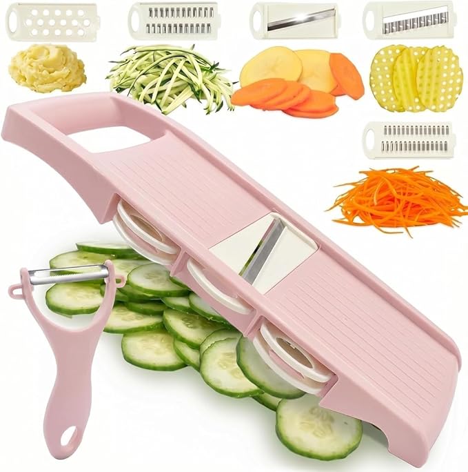 NACOLUS Mandoline Slicer for Kitchen Slicer Vegetable Cutter 5 In 1 Veggie Slicer Potato Slicer waffle fry cutter Hot Swap Mandolin with Peeler for Vegetables Carrot Shredder Cucumber Slicer - Pink