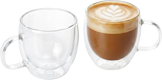 MESNEY Double Wall Insulated Espresso Cups & Mugs, Set of 2, 6.7 oz, Clear Glass for Coffee, Latte, Macchiato, Cappuccino & Tea, Dishwasher Safe