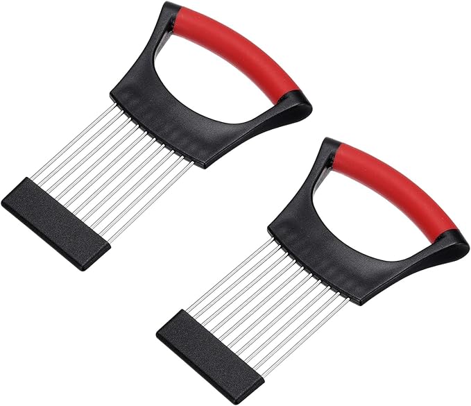 uxcell 2 Pcs Onion Slicer Holder, Stainless Steel Vegetable Cutting Holder Food Cutter Tool for Slicing Storing Onions Tomatoes Potatoes Avocados Apples, Black Red