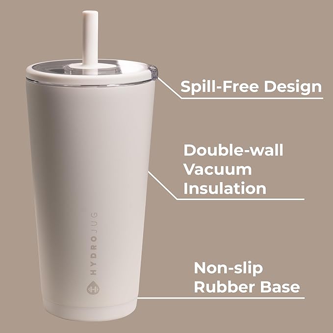 HydroJug Everyday Tumbler 20 oz – Ceramic-Lined Insulated Tumbler with Straw and Soft-Touch Lid, Cup Holder Friendly, Double-Wall Vacuum Insulation, Reusable Travel Cup – Linen