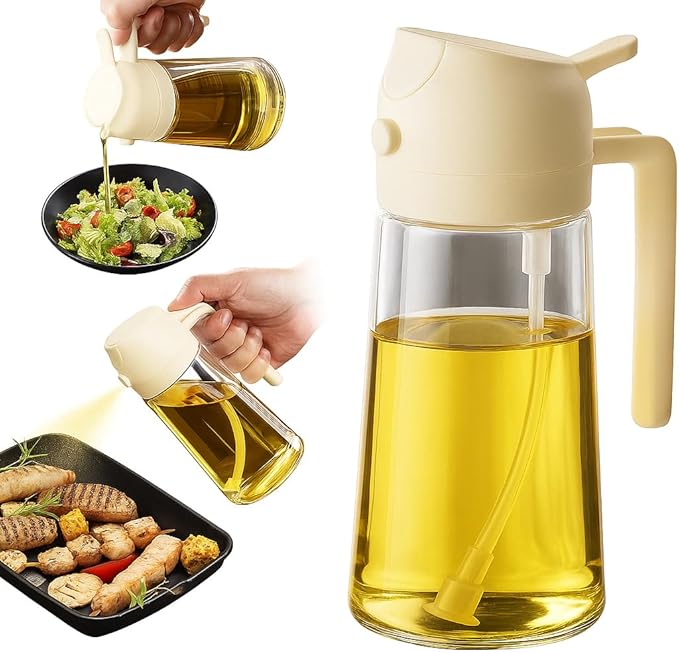 2 in 1 Olive Oil Sprayer & Dispenser Bottle – 470ml/16oz Glass Spray and Pour Oil Bottle for Cooking, Air Fryer, Salad, BBQ – Kitchen Gadgets & Accessories (White)