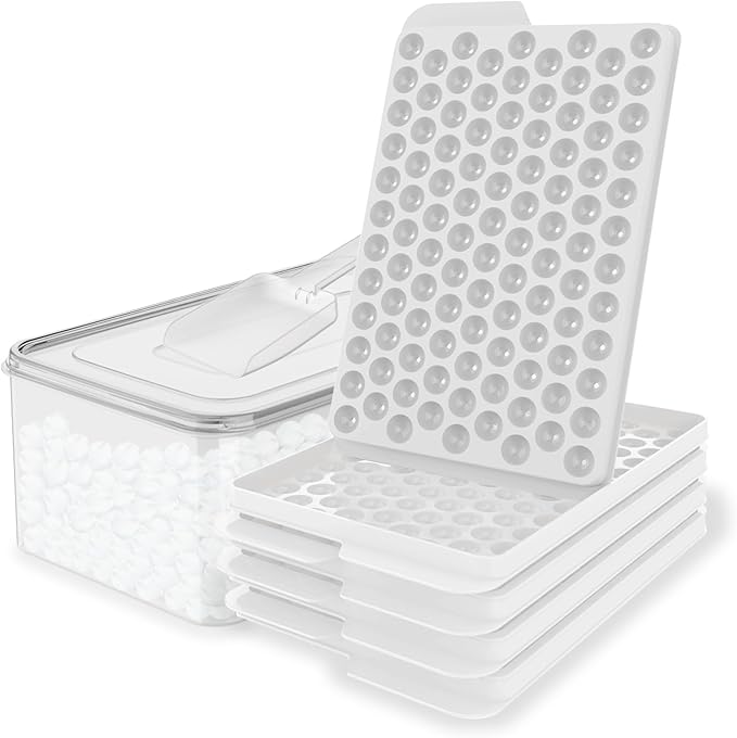 WIBIMEN Mini Ice Cube Trays, 0.55” Tiny Pebble Ice for Iced Coffee & Cocktails, Fast Chill, Easy Twist Release, Stackable with Lid & Storage Bin (4 Pack, White)
