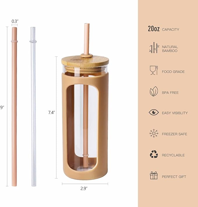 Kodrine 20oz Glass Tumbler with Straw and Lid, Bamboo Lids Water Bottle, Reusable Iced Coffee Cups, Wide Mouth Smoothie Cup with Protective Silicone Sleeve BPA FREE-Amber-2pack