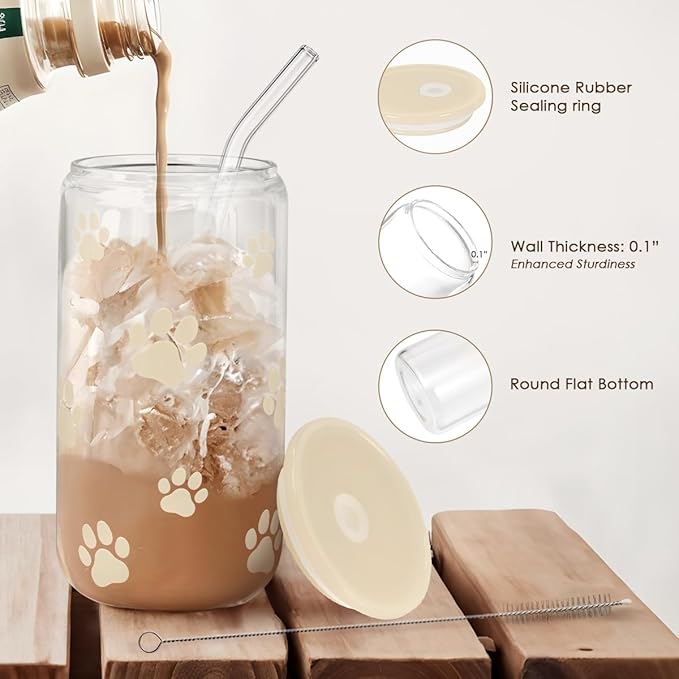 SANDJEST Paw Print 16oz Can Glass Tumbler with Acrylic Lid & Straw - Iced Coffee Cup for Women Cat Dog Mom, Aesthetic Cups Gifts for Birthday Christmas