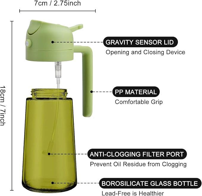 2 In 1 Oil Dispenser And Oil Sprayer, 16 Oz/470 Ml Oil Dispenser For Kitchen Spray, With Fine Mist Nozzle, Suitable For Cooking, Air Fryer, Salad, Grilling (green-1)