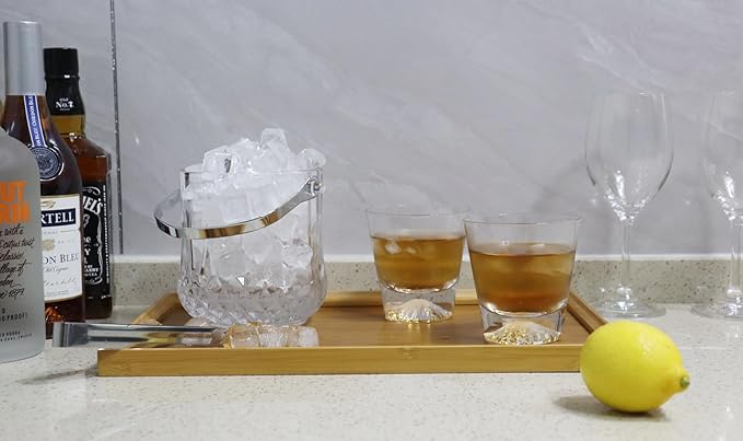 Small Round Glass Ice Bucket Kits, Heavy Thick Wine Cooler with Steel Tong and Clamp, 5.3" H*5" W, 34 oz (1000 ml)