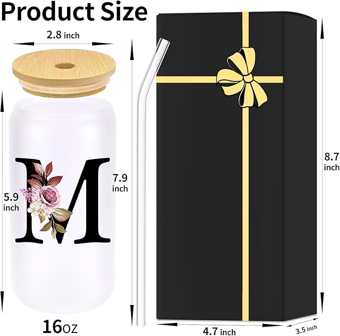 Monogrammed Glass Drinking Cup With Lid Straw Women Wife Ideal from Husband Happy Birthday Wedding Romantic Best Cool Personalized Unique Special Cute Custom Valentines Christmas Xmas Present Gifts,M