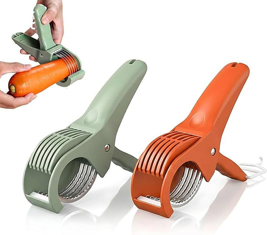 2PCS Banana Slicer,Strawberry Slicer,Grape Cutter,Multi-Functional Fruit Slicer,Cucumber Slicer,All-In-One Kitchen Gadget For Fruits& Vegetables Banana Sausages,Cucumbers,Strawberries,Grape(GREEN+RED)