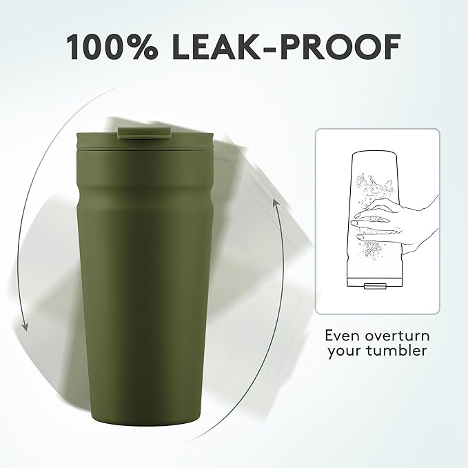 COKTIK 20oz Insulated Tumbler with Lid and Straw Iced Coffee Cup Reusable Stainless Steel Travel Mug Water Bottle Cupholder Friendly for Women Men Her Him (Olive)