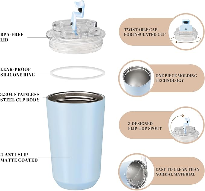 Puraville 2 Pack Insulated Tumblers with Lid, 14 oz Travel Coffee Mug Stainless Steel Vacuum Cup, Leak Proof Double Walled Coffee Tumbler for Iced and Hot Drinks,Pink and Light Blue
