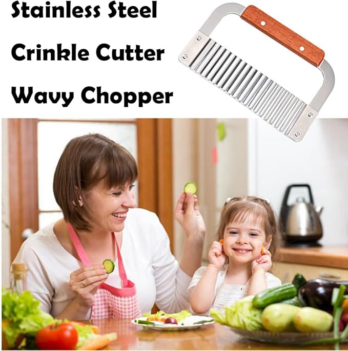 Heavy Duty Stainless Steel Large Crinkle Cutter Wavy Chopper French Fry Slicer for Potatoes Carrot Chips and Fruits, Vegetable, Potatoes, Onions (Wood-Style II, 1 PCS)