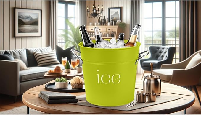 3Qt Chartreuse Galvanized Ice Bucket with Lid, Scoop & Handles - Ideal for Cocktails, Parties, BBQs, Wine & Champagne. Double-Layer Insulated Outer & Galvanized Inner Layer