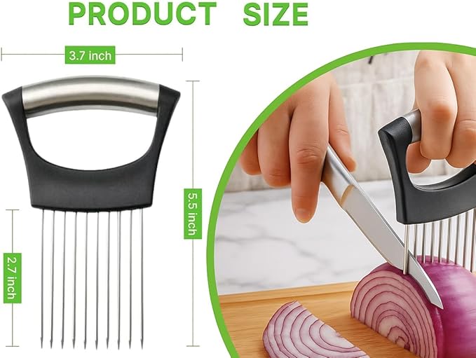Stainless Steel Onion Holder for Slicing – Vegetable Slicer Guide with Anti-Slip Handle | Tomato, Cucumber & Meat Cutting Tool | Durable Kitchen Gadget for Precise Slicing
