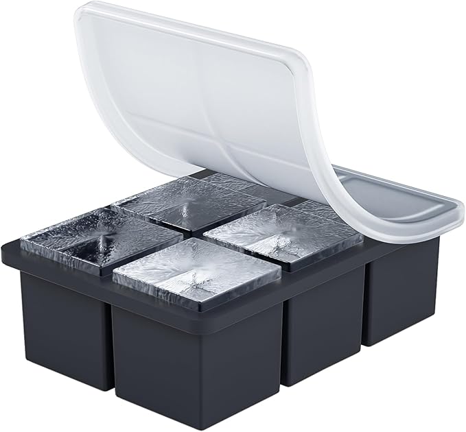 Large Ice Cube Tray for Whiskey, HANCELANT Big Silicone Square Ice Cube Mold with Removable Lid, 2'' Huge Square Ice Cubed Tray for Whisky and Cocktail, Black