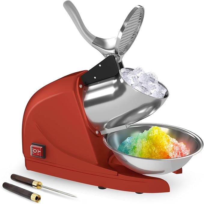 Shaved Ice Machine 380w Snow Cone Machine 3 Stainless Steel Blades Ice Shaver Machine Electric Ice Crusher 280lbs/hr Snow Cone Maker for Home and Commercial with Ice Pick(Red)