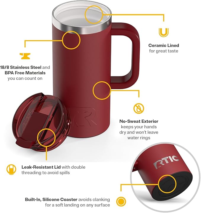 RTIC 16oz Road Trip Travel Mug with Lid and Handle, Insulated, Stainless Steel, Metal, Double Wall Vacuum-Insulation, Ceramic Lined, Portable Coffee, Tea Cup for Hot and Cold Drink, Black Cherry
