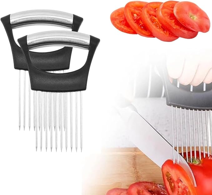 Onion Holder for Slicing, Stainless Steel Onion Slice Holder Lemon Slicer Cutter for Slicing, Multi-Use Vegetable Chopper for Onions Tomatoes Avocados Potato Meat Lemon, Food Slicing Assistant (2pcs)