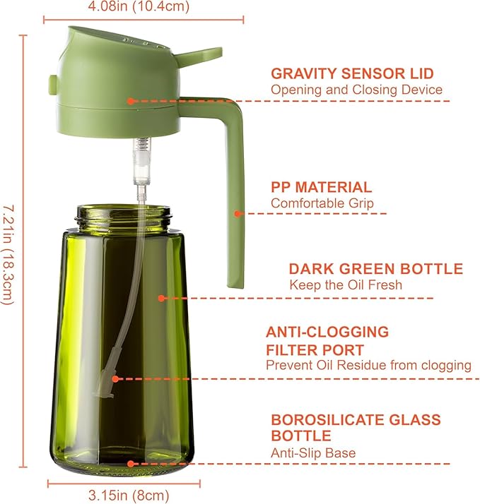 16oz/470ml Glass Olive Oil Sprayer for Cooking - 2 in 1 Olive Oil Dispenser for Kitchen Gadgets, Air Fryer, Salad, and BBQ (Green)