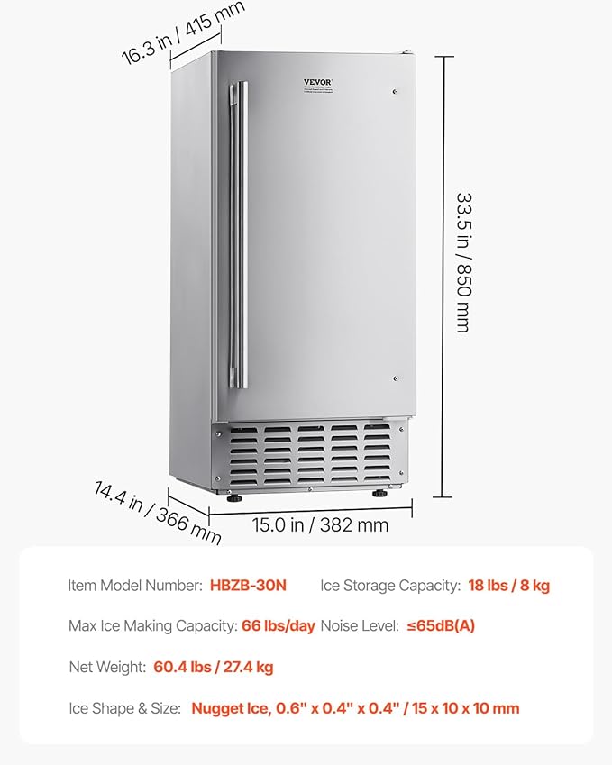 VEVOR Undercounter Built-in Ice Maker, 66 Lbs/Day Under Counter Nugget Ice Maker Machine with Reversible Door, Stainless Steel Freestanding Ice Maker for Commercial Home Kitchen, Electric Drainage