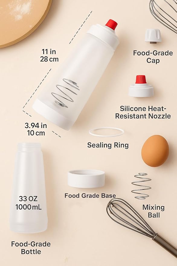 Pancake Batter Dispenser & Mixer/Shaker Bottles, 2-Pack (1000mL Each) – Whisk Ball, No-Drip Silicone Tip, Leakproof, Dishwasher-Safe, BPA-Free – For Pancakes, Waffles, Crepes, Muffins