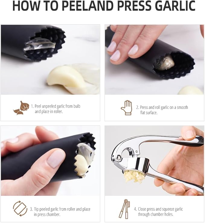 Garlic press for fine mincing, heavy-duty garlic press joystick, rust proof zinc alloy material, ergonomic handle, equipped with silicone peeler and cleaning brush, dishwasher washable, bright silver