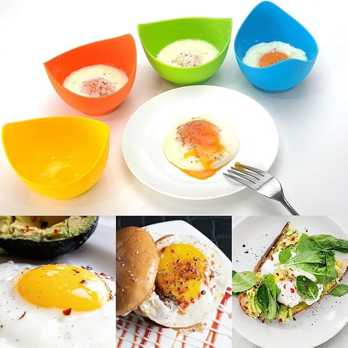 4 Pcs Silicone Egg Poacher Cups, Poached Egg Cooker with Ring Standers for Microwave or Stovetop Egg Cooker with Extra Oil Brush