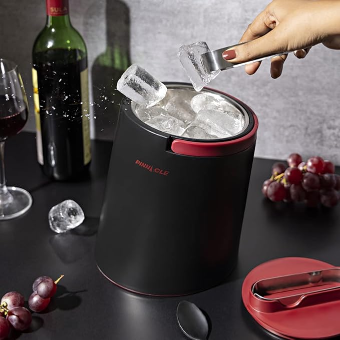 PINNACLE Insulated ice bucket for parties with Tong that fit into Lid - Stainless Steel ice bucket for cocktail bar with Collapsible Handles for indoor/outdoor bar, BPA Free (Red)