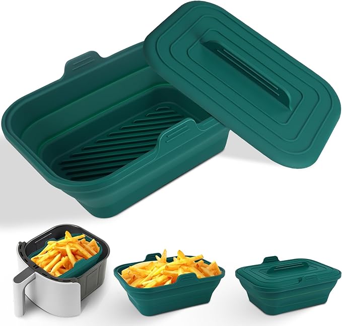 Silicone Air Fryer Liners Collapsible, 8.2 Inch Reusable Air Fryer Liners With lid-Long-lasting Freshness - Easy to Clean Air Fryers Pot for 5.8 to 8 Qt Baking Tray Oven Accessories, Green