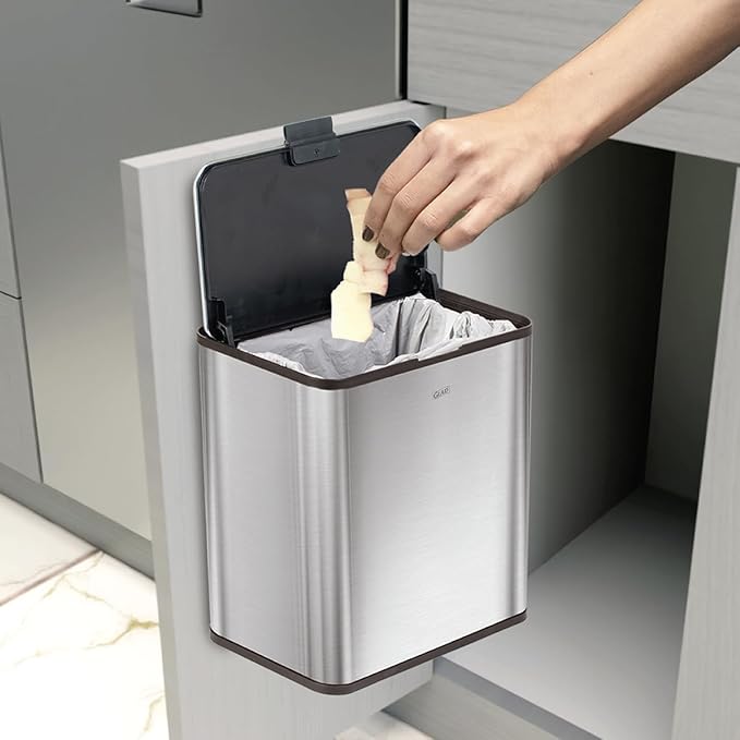 Glad Roomate Under Counter Trash Can - Space Saving Stainless Steel Waste Bin with Dual Lid and Clorox Protection - Small Trash Can for Kitchen Cabinet, Under Sink, or Bathroom, 1.5 Gallon (6L)