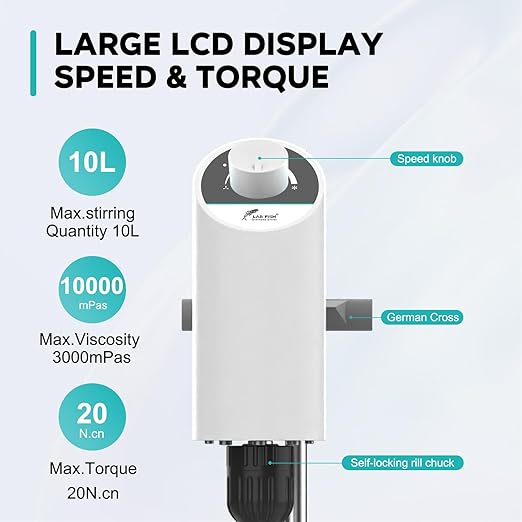 LAB FISH Laboratory Electric Overhead Stirrer Lab Digital Mixer | Stirring Rod and Stainless Steel Stand | Adjustable Speed 100-2000RPM,Powerful Heavy Duty 10L,10000 mPas