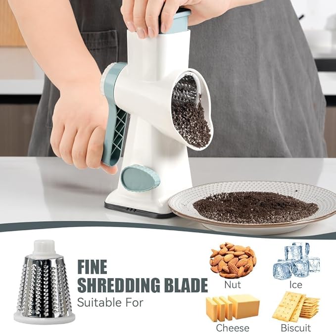 KEOUKE Rotary Cheese Grater Pro 6 in 1 - Shredder Crinkle Slicer Grinder Ice Shaver, Stable Suction, Time-saving Easy Use & Clean, Safe Morden Kitchen Tool for Cheese, Vegetable, Nuts, Chocolate