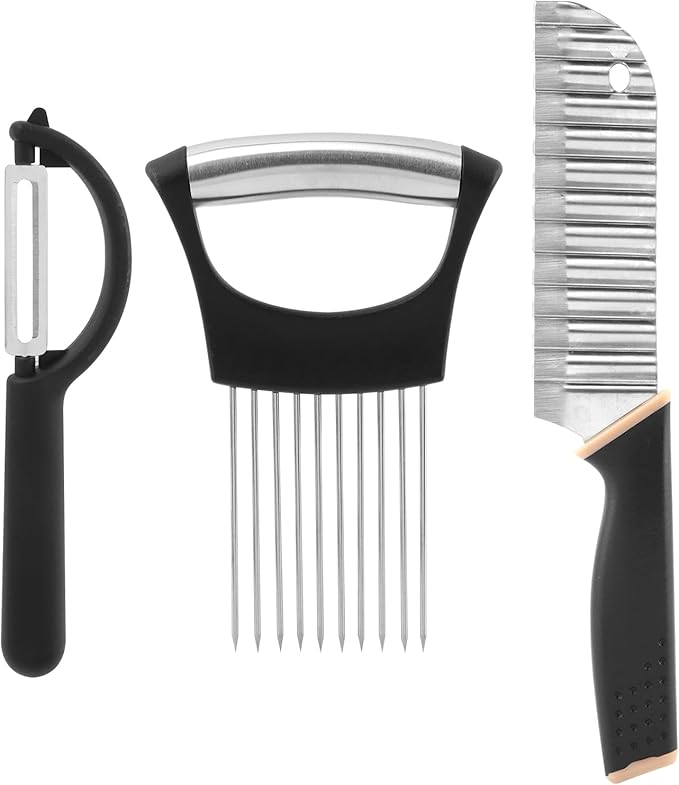 Crinkle Cutter with Onion Holder for Slicing and P-type Peeler, Stainless Steel Wavy Slicer with Handle, Crinkle Cutter for Veggies, Potatoes(COLOR:Black)