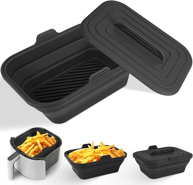 Silicone Air Fryer Liners Collapsible, 8.2 Inch Reusable Air Fryer Liners With lid-Long-lasting Freshness - Easy to Clean Air Fryers Pot for 5.8 to 8 Qt Baking Tray Oven Accessories, Black