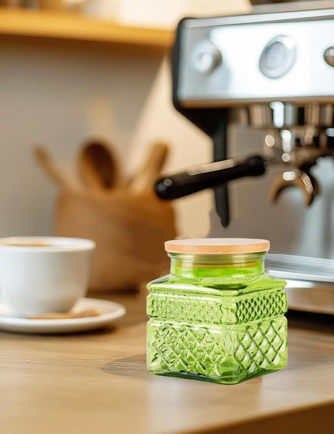 Glass Storage Canister with Airtight Lids, 20.3 FL OZ Thick Glass Candy Jar for Coffee Bean, Cocoa powder,Dog treats, Snacks Vintage Decorative Square Glass Jars for Coffee Bar Kitchen Party Counter