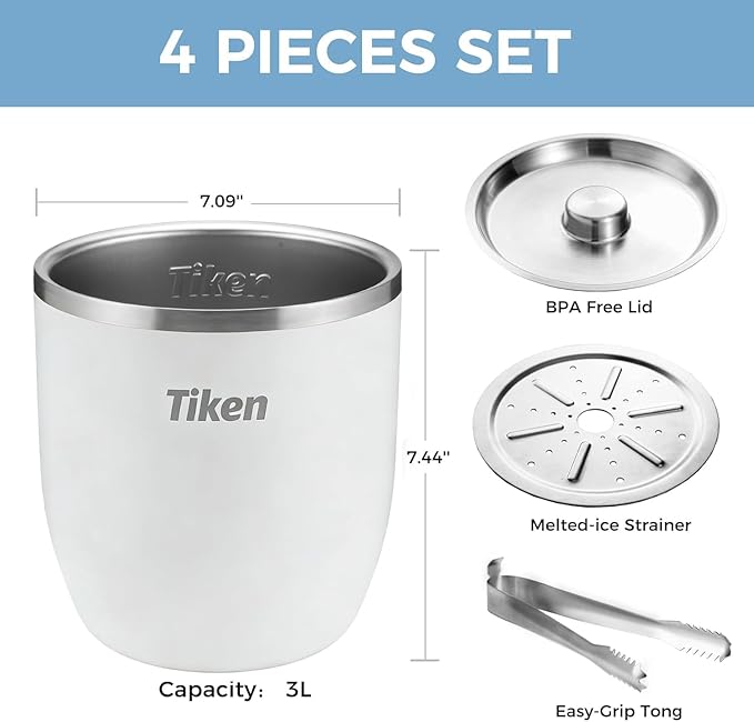 Tiken 3L Double-Wall Vacuum Insulated Ice Bucket with Lid & Tong Stainless Steel Champagne Buckets for Cocktail Bar, Parties & Outdoor