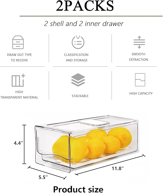 2 Pack Fruit Storage Containers for Fridge, Stackable Refrigerator Organizers with Strainer Layer,Reusable Storage Containers Clear Fridge Drawer for Produce,Vegetable in Kitchen,Fridge,BPA-Free