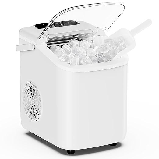DUMOS Ice Maker, Nugget Ice Machine Countertop with Basket, Scoop and Portable Handle, 26lbs Daily, 9 Bullet Cubes in 6~8 Mins, Self-Cleaning for Kitchen, Office, Outdoos, RV Camping