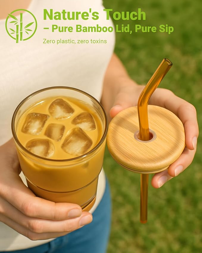 Zukro 13 oz/400ml Glass Cups with Bamboo Lid and Straw, Thick Wall Reusable Glass Tumbler for Iced Coffee, Tea, Matcha, Water Glasses for Home, Office, Non-Slip & BPA Free, Gray 2 Pack