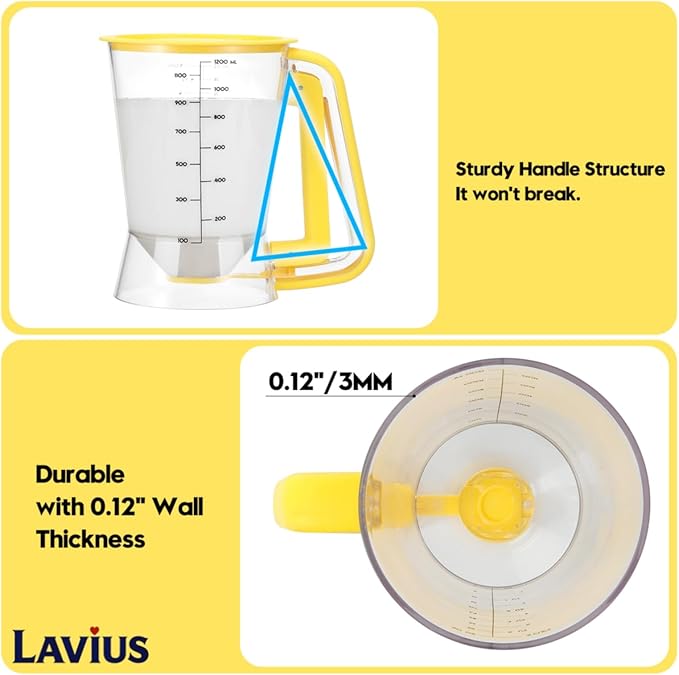 Pancake Batter Dispenser 5-Cup Batter Pourer for Maker Pancakes, Waffles, Crepes, Muffins, Cupcakes, Easy Squeeze Grip Handle with Proof Nozzle, Precise Baking Tools（Yellow）