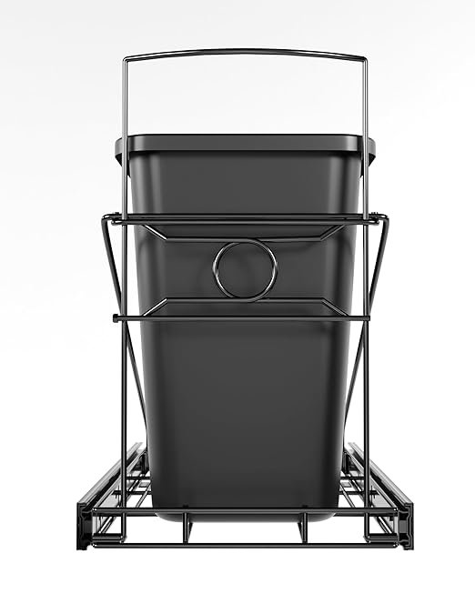 Pull Out Trash Can Under Cabinet Adjustable Trash Can Holder for 7 to 11 Gallon Bin Bottom Mount Slide Out Trash Rack for Narrow Cabinets(Black, No Bin Included)
