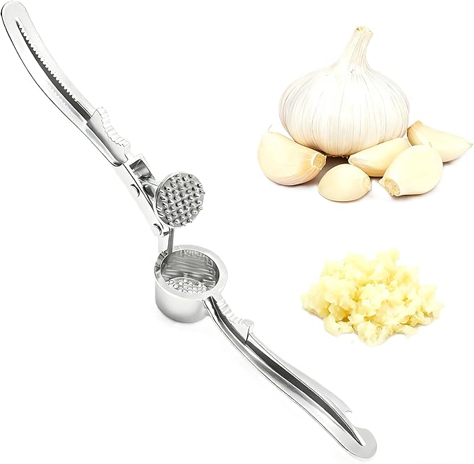 Heavy Duty Garlic Press and Mincer Set with Garlic Peeler, Rust Proof Dishwasher Safe Kitchen Tool - Easy Squeeze Ginger Crusher, Ergonomic Handle for Garlic and Nuts
