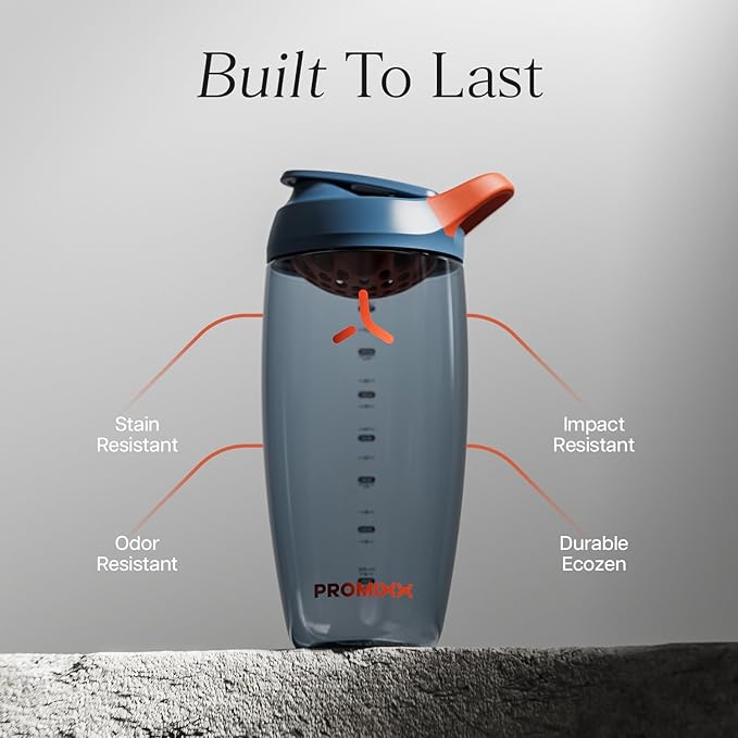 Promixx Pursuit Protein Shaker Bottle – 32oz Silent Snap-Fit Mixer for Lump-Free Shakes – Leak-Proof BPA-Free Ecozen Gym Shaker with Measurement Marks for Fitness and Travel – Midnight Blue