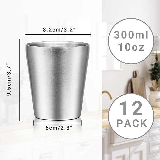 Metal Drinking Cups, 10 oz Insulated Tumbler, 12 Pack Double Wall Unbreakable Stackable Water Tumblers Insulated Stainless Steel Cups Premium Glasses for Travel Camping Home Outdoor