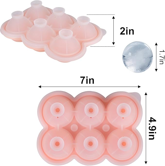 2 Pack Ice Ball Mold with Lid, 6 Grid Ice Cube Trays for Freezer BPA Free, Food Grade Silicone Ice Trays, Easy Release Ice Cubes for Gift, Date Drinks, Coffee, Whiskey, Cocktail-Pink